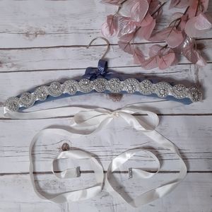 Swirl scalloped bridal sash belt w/ rhinestones embellishment on white satin